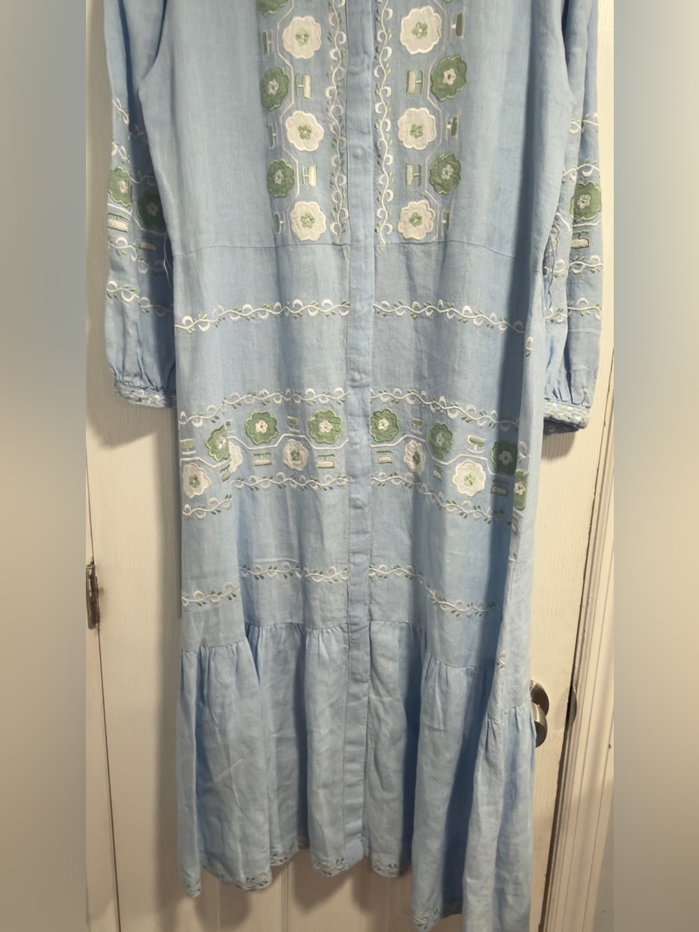 Light Blue Embroidered Maxi Dress with Tie Waist - Picture 6 of 13